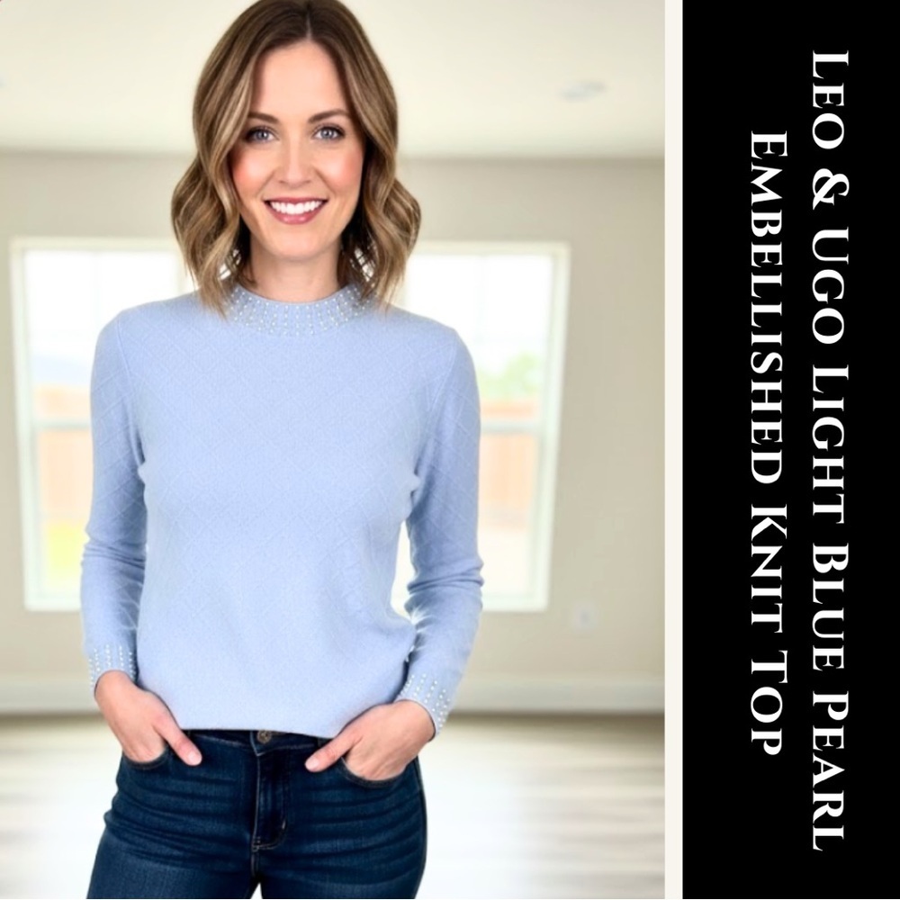 2for$15🌸-Leo & Ugo Light Blue Pearl Embellished Knit Top